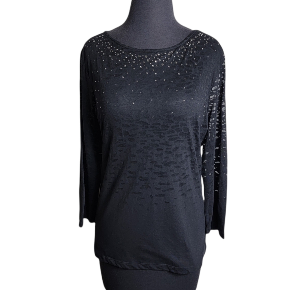Ruby Rd black beaded semi sheer scoop neck top size large 3/4 sleeve